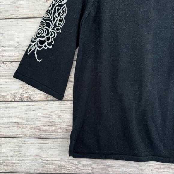 Bob Mackie Wearable Art Embroidered Sparkly Blouse Womens Medium Black White - Picture 4 of 10